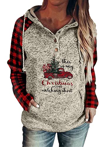Womens Christmas Sweatshirt With Pocket, Tree Truck Movie Watching Red Plaid Hoodie Sweater Outfits for Women (D-Xmas-red, L)