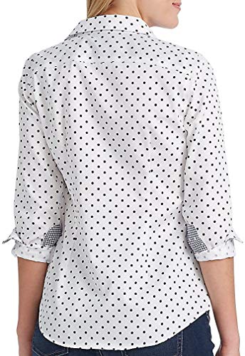 Chaps Women's Long Sleeven Non Iron Broadcloth Shirt, Pearl/Capri Navy, S