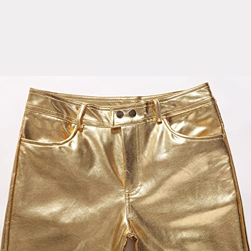Men's Slim Fit Skinny PU Leather Pant Straight Leg Night Club Disco Metallic Biker Pants
