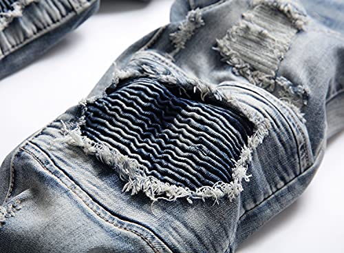 XIMXIMMTIAN Men's Biker Moto Washed Distressed Slim Fit Straight Jeans Denim (28, 1577 Blue)