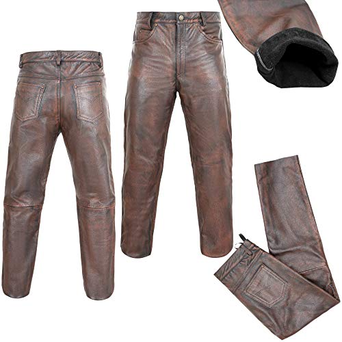 Demon Wears Men's Brown Distressed Motorcycle Leather Jeans Style Pants for Men (40" inch)