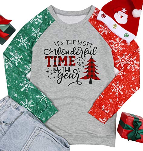 Merry Christmas Sweartshirt for Women Xmas Buffalo Plaid Tree Color Block Christmas Snowflake Print Long Sleeve Top T-Shirt Gray