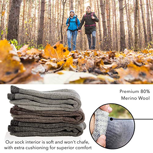 3 Pairs Thermal 80% Merino Wool Socks Hiking Crew, black, gray, brown, men’s shoe size 9-12, women’s 11-13
