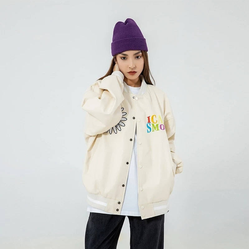 Baseball Uniform Jacket Men Daisy Letter Embroidery PU Leather Bomber Jacket Spring Autumn Oversize Couple Korean Motorcycle Top