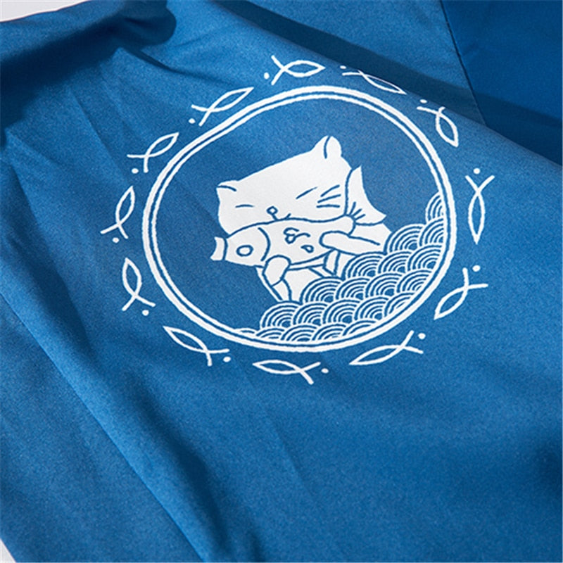 Bebovizi Japan Style Cat Printed Thin Kimono Men Japanese Streetwear Blue Jackets Casual Outerwear 2021