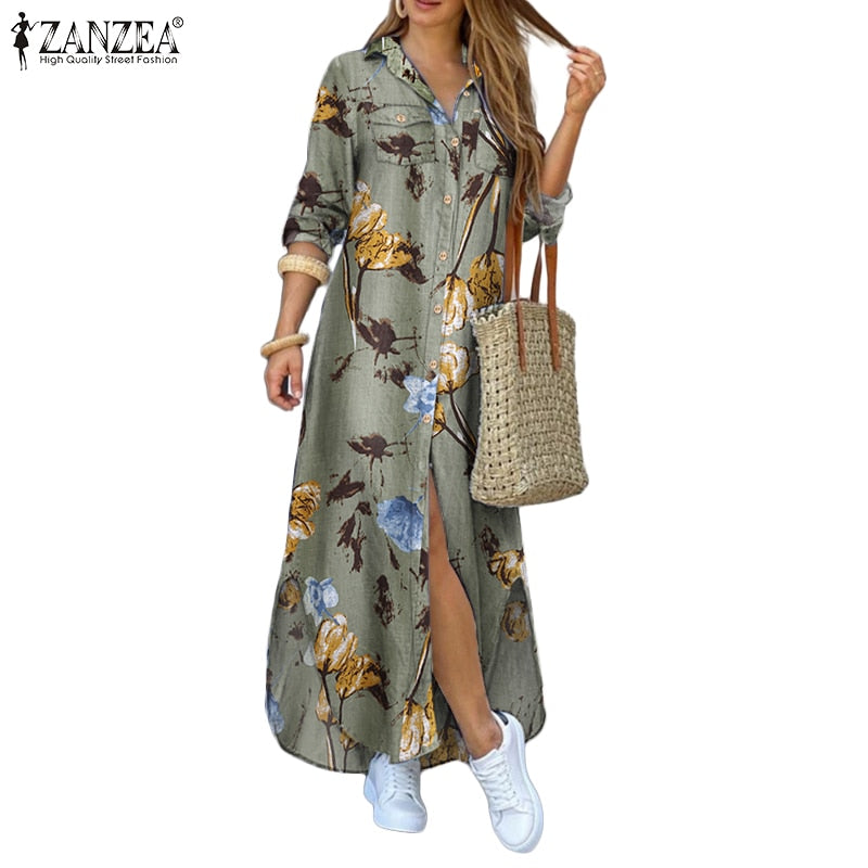 Autumn Elegant Women Maxi Shirt Dresses 2022 ZANZEA Vintage Ladies Long Sleeve Vestidos Casual Plaid Robe Longue