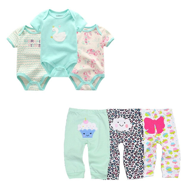 6/9PCS Baby Girl Clothes Newborn Unisex Solid Bodysuits+Pants Cotton Baby Boy Clothes Short Sleeve Girls Baby Clothing Cartoon