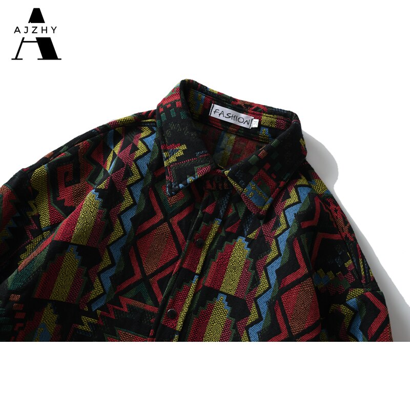 AJZHY Button Up Shirt Long Sleeve Thick Vintage Oversize Hip Hop Casual Fashion Knitted National Style Winter Warm Men Clothing