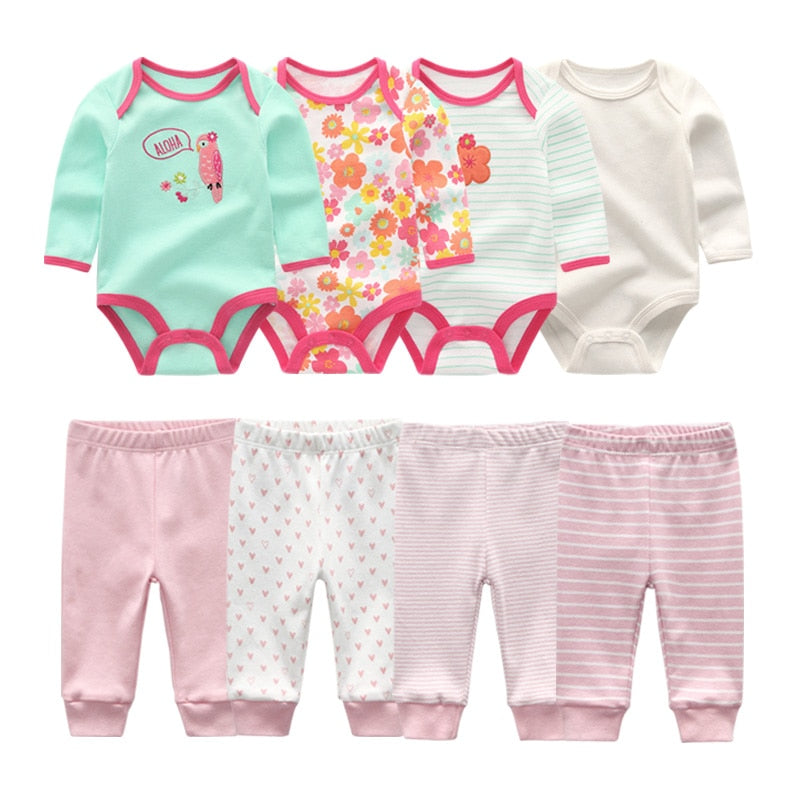 2022 Cotton 6/8PCS Newborn Baby Boy Clothes 0-12M Autumn Bodysuits+Pants Boys Baby Clothing Sets Full Sleeve Baby Girl Clothes