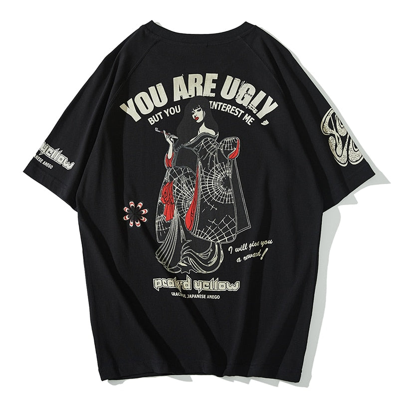 Aolamegs Oversized Men T-Shirt Japanese Geisha Dragon Print T Shirts Casual Anime Tshirt Cotton Summer Streetwear Men's clothing