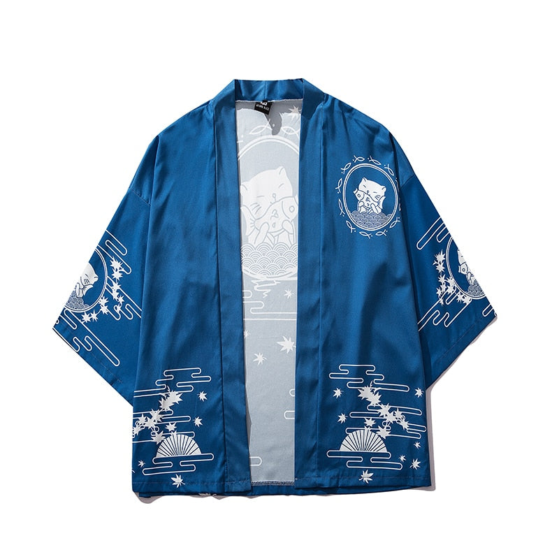 Bebovizi Japan Style Cat Printed Thin Kimono Men Japanese Streetwear Blue Jackets Casual Outerwear 2021