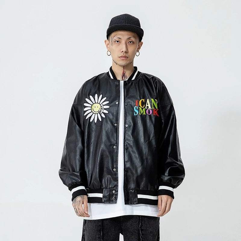 Baseball Uniform Jacket Men Daisy Letter Embroidery PU Leather Bomber Jacket Spring Autumn Oversize Couple Korean Motorcycle Top