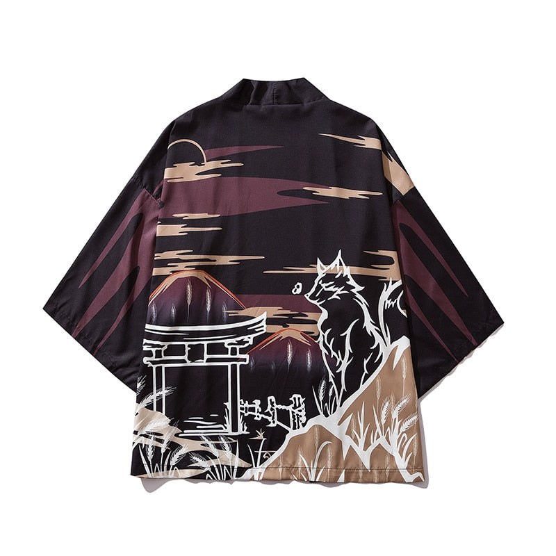 Bebovizi Japan Style Cat Printed Thin Kimono Men Japanese Streetwear Blue Jackets Casual Outerwear 2021