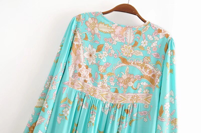 BOHO Mint Green Tassel Lacing up V neck Location Flower Print Long Dress Hippie Woman Strappy Long Sleeve Holiday Dresses Beach