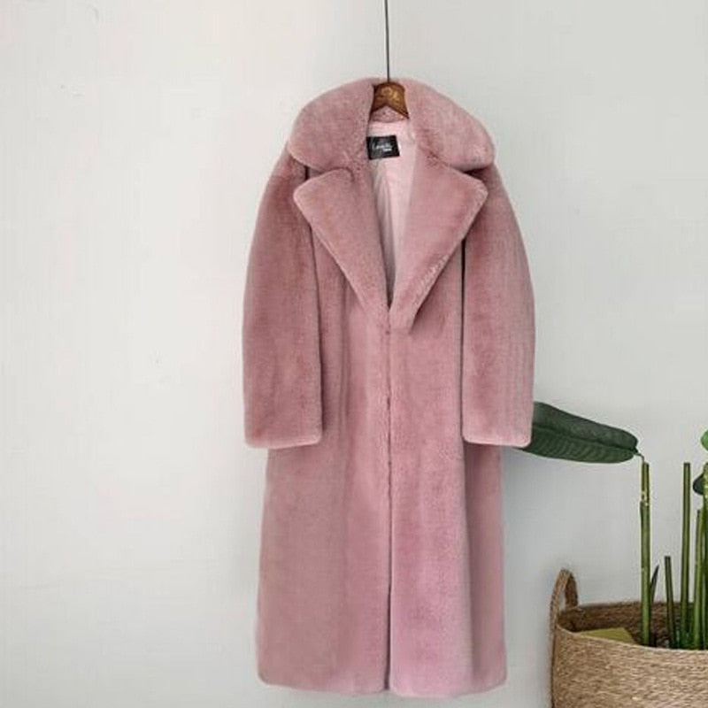 2021 New Women Winter Warm Faux Fur Coat Thick Women Long Coat Turn Down Collar Women Warm Coat With Belt Casaco Feminino
