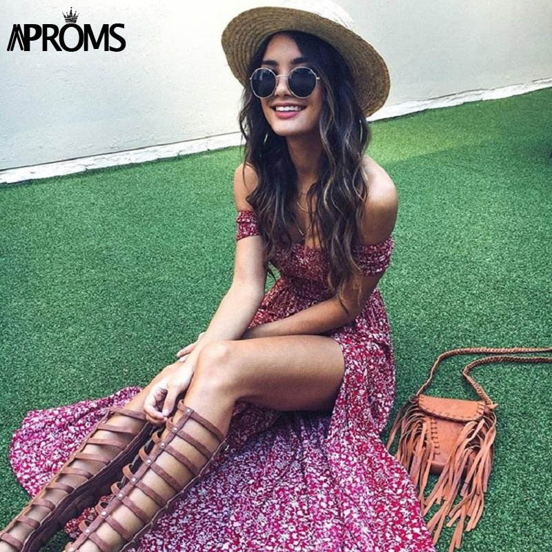 Aproms Sweet Pleated Tube Tunic Maxi Dress Red Floral Off Shoulder High Split Beach Dress Summer 2021 Boho Cool Girls Sundresses
