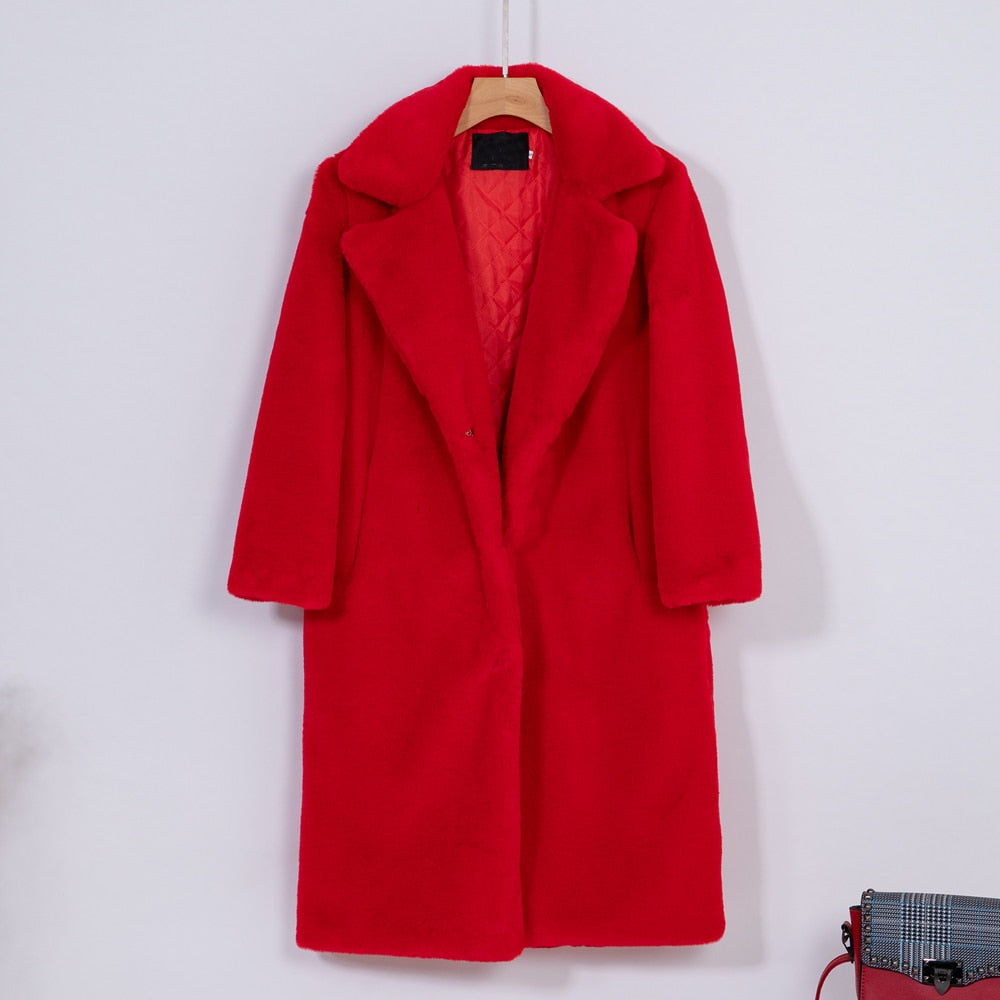 2021 New Women Winter Warm Faux Fur Coat Thick Women Long Coat Turn Down Collar Women Warm Coat With Belt Casaco Feminino