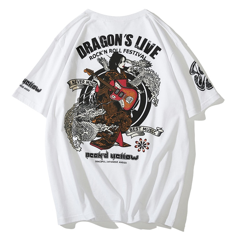 Aolamegs Oversized Men T-Shirt Japanese Geisha Dragon Print T Shirts Casual Anime Tshirt Cotton Summer Streetwear Men's clothing