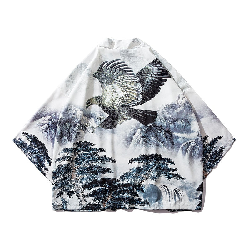 Bebovizi Japan Style Cat Printed Thin Kimono Men Japanese Streetwear Blue Jackets Casual Outerwear 2021