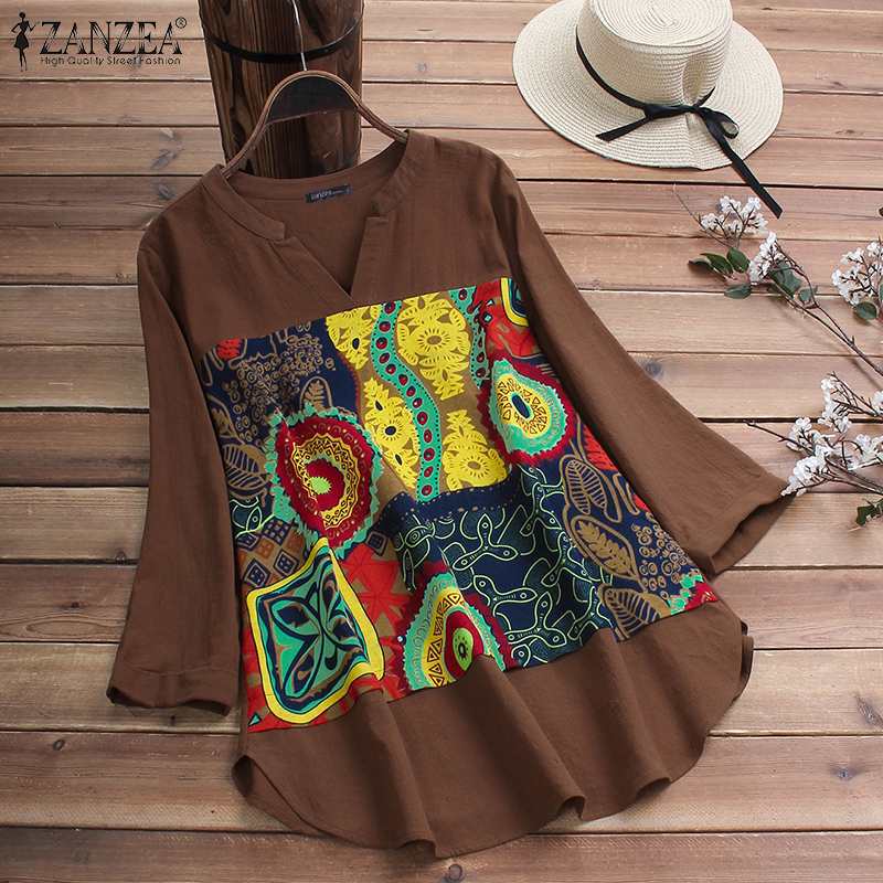 2022 ZANZEA Casual Cotton Blouse Women V Neck Long Sleeve Tunic Tops Autumn Vintage Printed Patchwork Loose Shirts Female Blusas