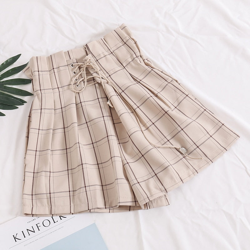 HELIAR 2022 Spring Women Plaid Shorts Elastic Waist Drawstring Wide Leg Shorts With Saches High Waist Shorts For Women