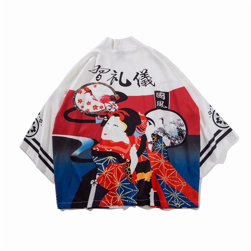Bebovizi Japan Style Cat Printed Thin Kimono Men Japanese Streetwear Blue Jackets Casual Outerwear 2021