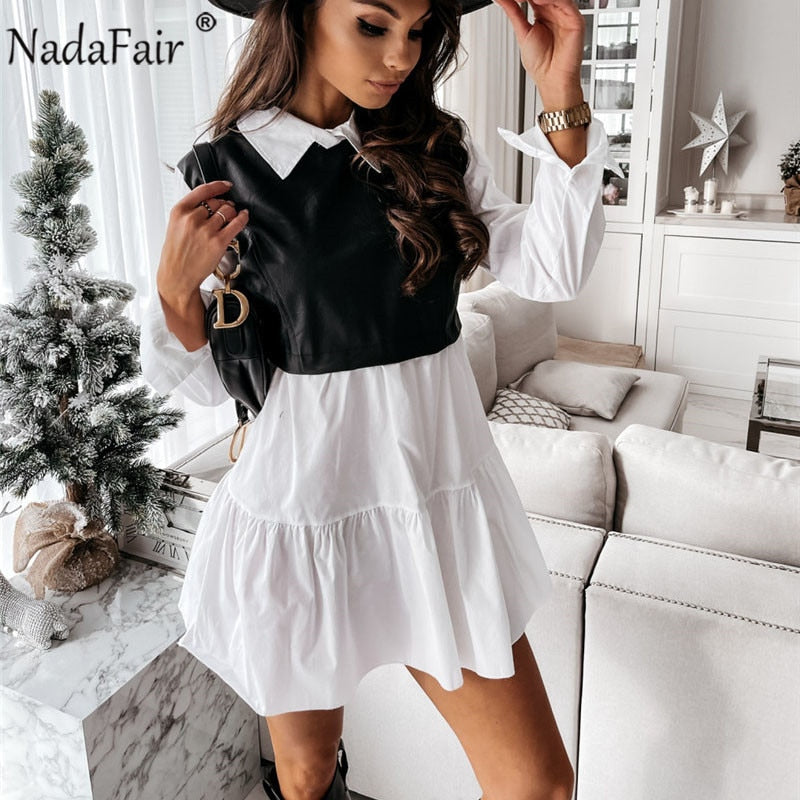 Nadafair Plaid Women's Dress Casual 2021 A-Line PU Leather Patchwork Long Sleeve Vestidos Party Elegant Short Mini Dress Women