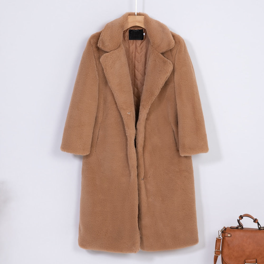 2021 New Women Winter Warm Faux Fur Coat Thick Women Long Coat Turn Down Collar Women Warm Coat With Belt Casaco Feminino