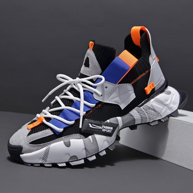 ADBOOV Genuine Leather Knit Fashion Men Sneakers Breathable Sock Chunky Shoes Trainers