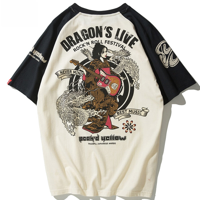 Aolamegs Oversized Men T-Shirt Japanese Geisha Dragon Print T Shirts Casual Anime Tshirt Cotton Summer Streetwear Men's clothing