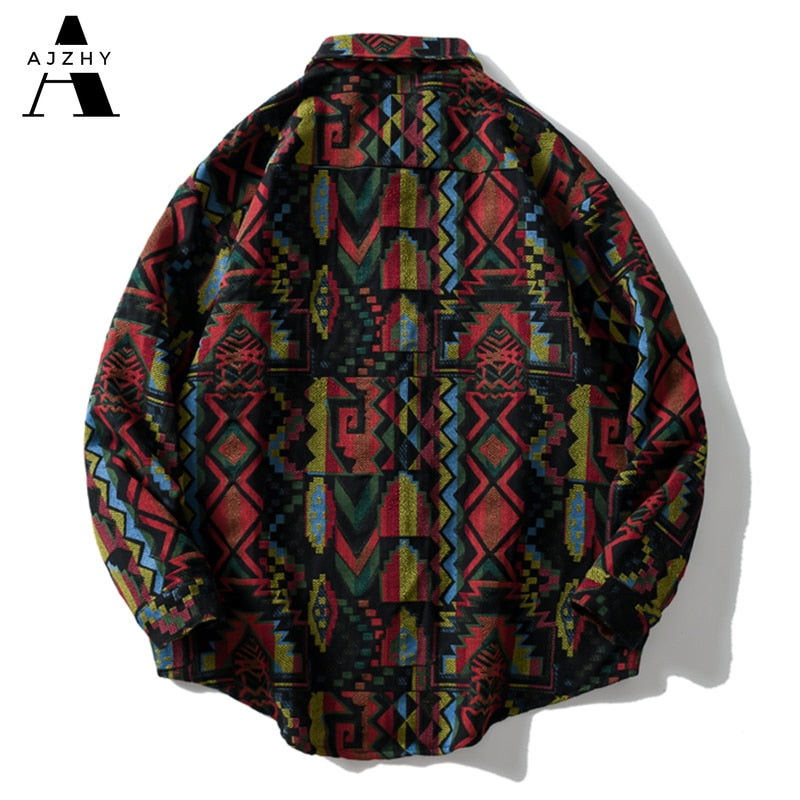 AJZHY Button Up Shirt Long Sleeve Thick Vintage Oversize Hip Hop Casual Fashion Knitted National Style Winter Warm Men Clothing