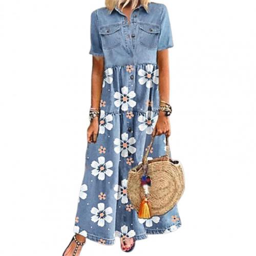 4XL Summer Women Dress Single-breasted Patchwork Short Sleeve Pockets Floral Print Maxi Dress Loose Dresses Robe Femme Vestidos