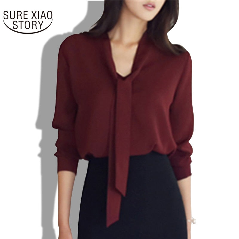 2022 autumn women clothing long sleeve bow tie women shirts Korean loose chiffon blouse shirt women solid color blouse 699C 30