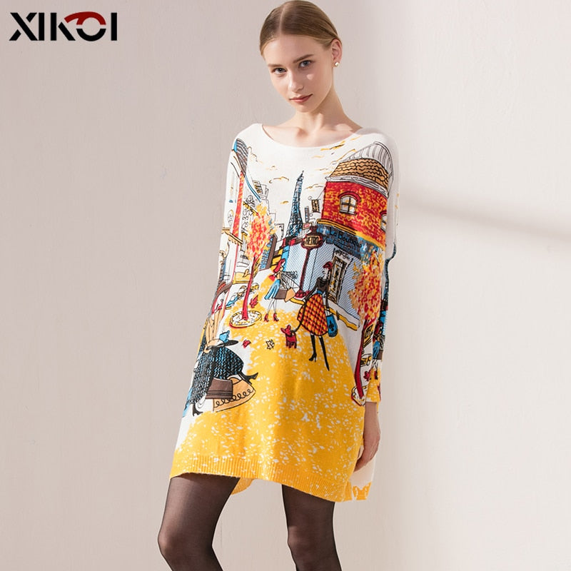 XIKOI Women New Knitted Oversized Sweaters Dress Novel Elegant Ladies Print Winter Warm Long Pullovers Loose Clothing Pull Femme