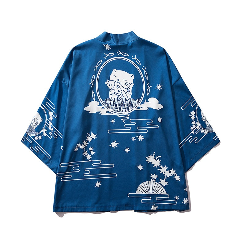 Bebovizi Japan Style Cat Printed Thin Kimono Men Japanese Streetwear Blue Jackets Casual Outerwear 2021