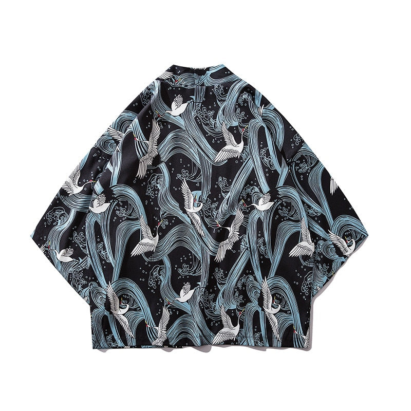 Bebovizi Japan Style Cat Printed Thin Kimono Men Japanese Streetwear Blue Jackets Casual Outerwear 2021