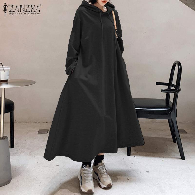 2022 Autumn Long Sweatshirts Dress ZANZEA Casual Solid Hooded Sundress Women Hoodies Long Sleeve Vestido Female Robe