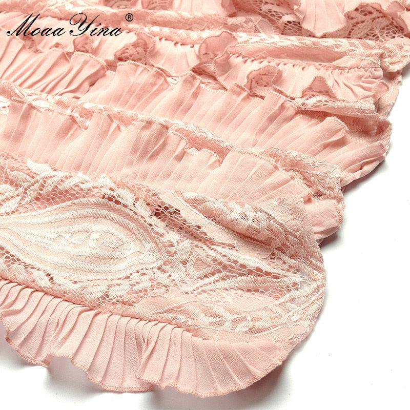 MoaaYina Fashion Designer dress Spring Summer Women's Dress Sleeveless Lace Patchwork Ruffles Elegant Party Slim Dresses