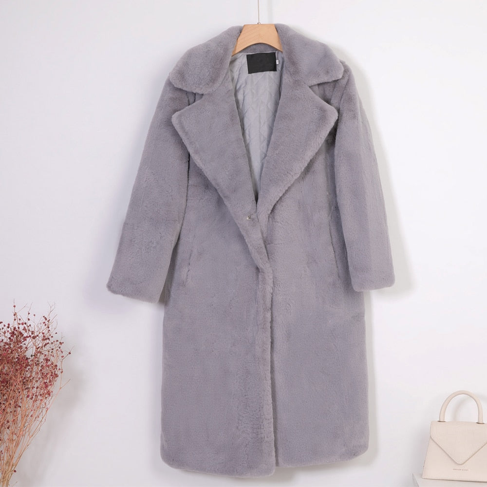 2021 New Women Winter Warm Faux Fur Coat Thick Women Long Coat Turn Down Collar Women Warm Coat With Belt Casaco Feminino