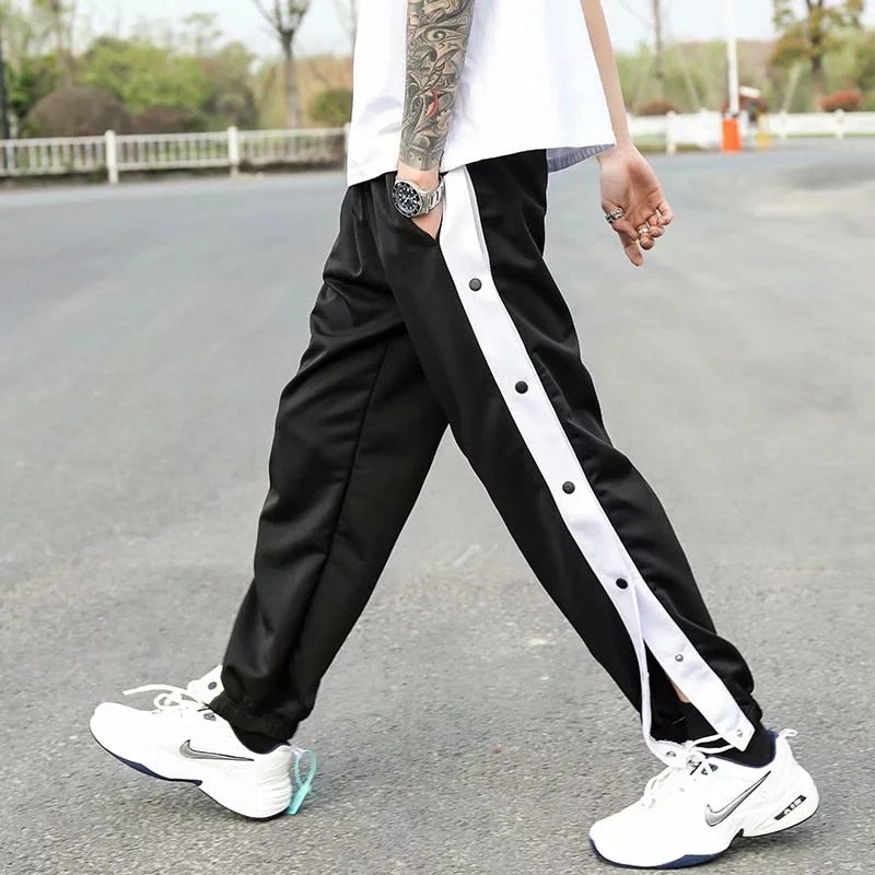 Basketball sports pants men's gray beam legs jogger pants full open buckle fashion button pants loose sweatpants trousers