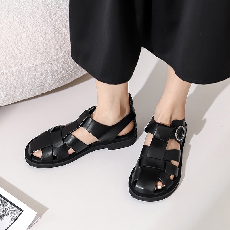 TAOFFEN 2022 New Women Real Leather Shoes Summer Sandals Buckle Strap Hollow Out Beach Sandals Cool Ladies Footwear Size 34-42
