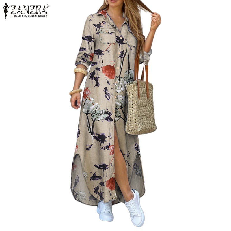 Autumn Elegant Women Maxi Shirt Dresses 2022 ZANZEA Vintage Ladies Long Sleeve Vestidos Casual Plaid Robe Longue