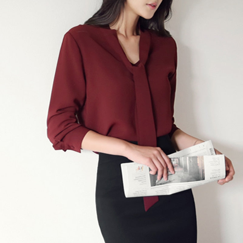 2022 autumn women clothing long sleeve bow tie women shirts Korean loose chiffon blouse shirt women solid color blouse 699C 30