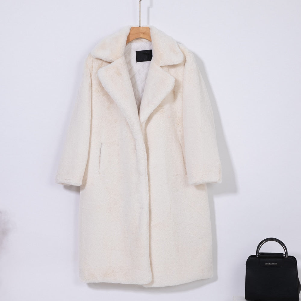 2021 New Women Winter Warm Faux Fur Coat Thick Women Long Coat Turn Down Collar Women Warm Coat With Belt Casaco Feminino