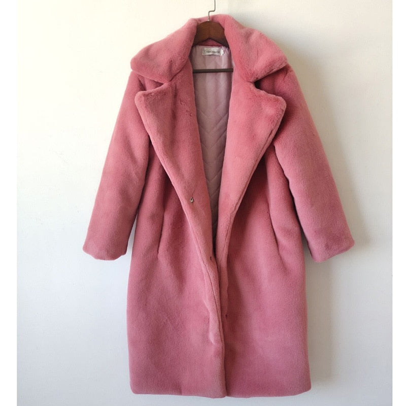 2021 New Women Winter Warm Faux Fur Coat Thick Women Long Coat Turn Down Collar Women Warm Coat With Belt Casaco Feminino
