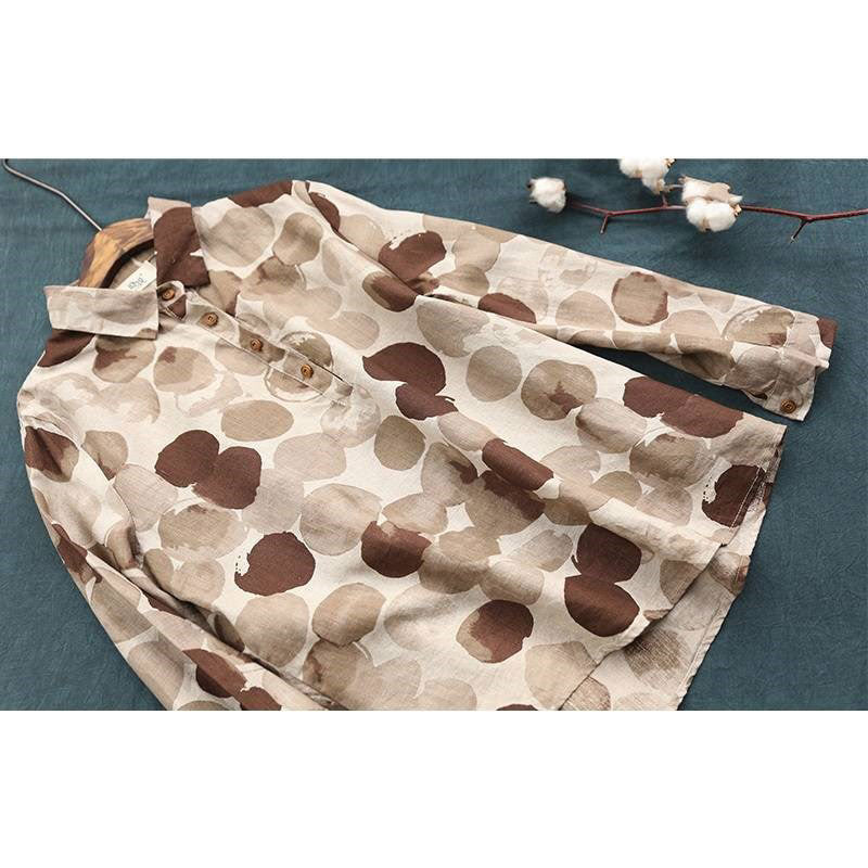 2022 New Spring Women Shirts Long Sleeve Cotton Linen Button Casual Shirts Vintage Polka Dot Print Vintage Blouses Tops P11
