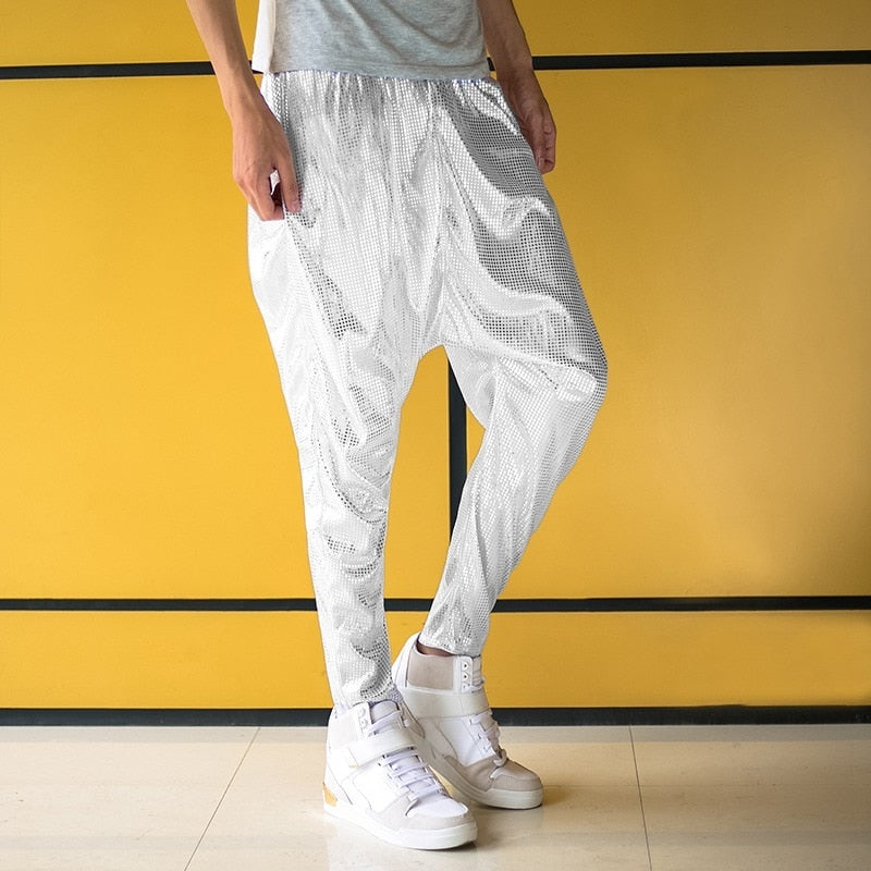Male Female personality silver big crotch trousers stage performance costumes harem pants mens hip hop skinny pants