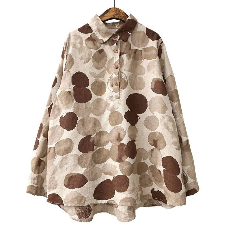 2022 New Spring Women Shirts Long Sleeve Cotton Linen Button Casual Shirts Vintage Polka Dot Print Vintage Blouses Tops P11