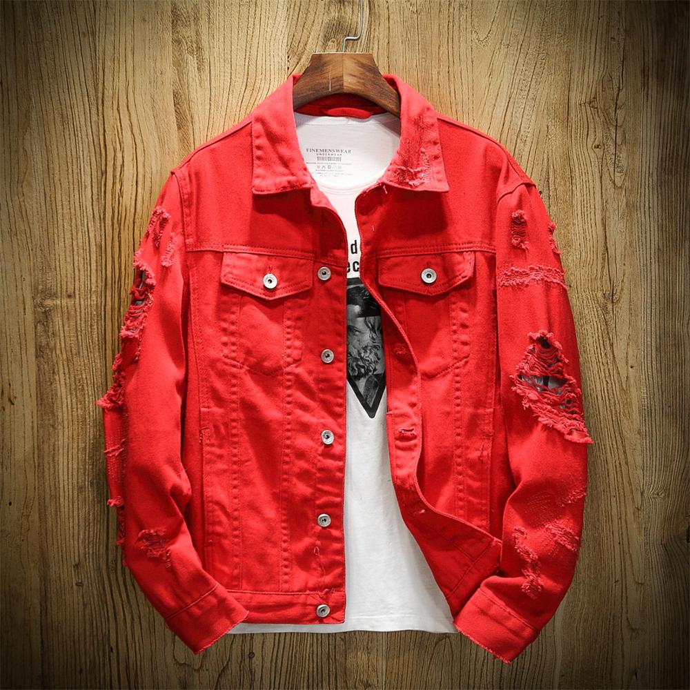 2022 Autumn New Men's Jean Jacket Slim Fit Cotton Denim Jacket Red White Black Ripped Hole Jean Coats Men Outwear Youth Men 5XL