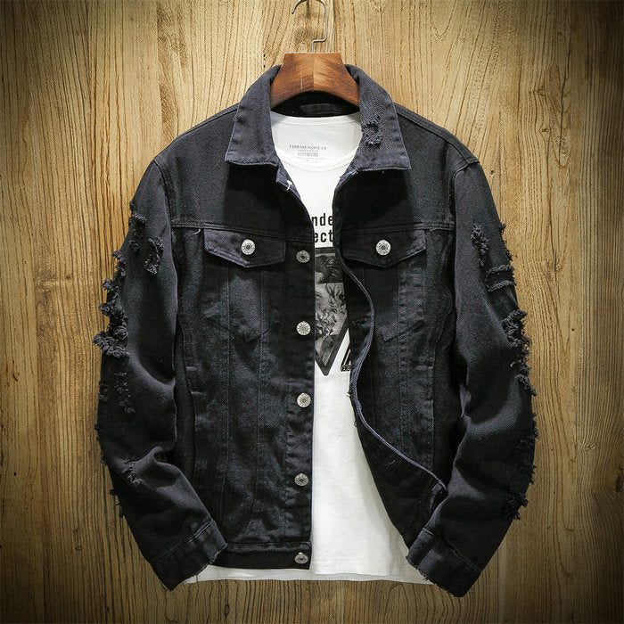 2022 Autumn New Men's Jean Jacket Slim Fit Cotton Denim Jacket Red White Black Ripped Hole Jean Coats Men Outwear Youth Men 5XL